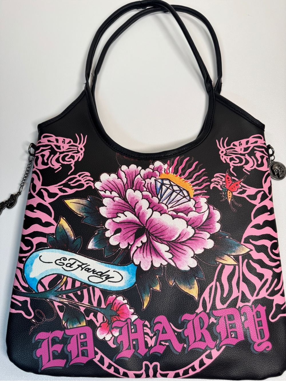 Ed Hardy Y2K Black Pink Tiger Floral Tattoo Shoulder Tote Bag Skull Charm